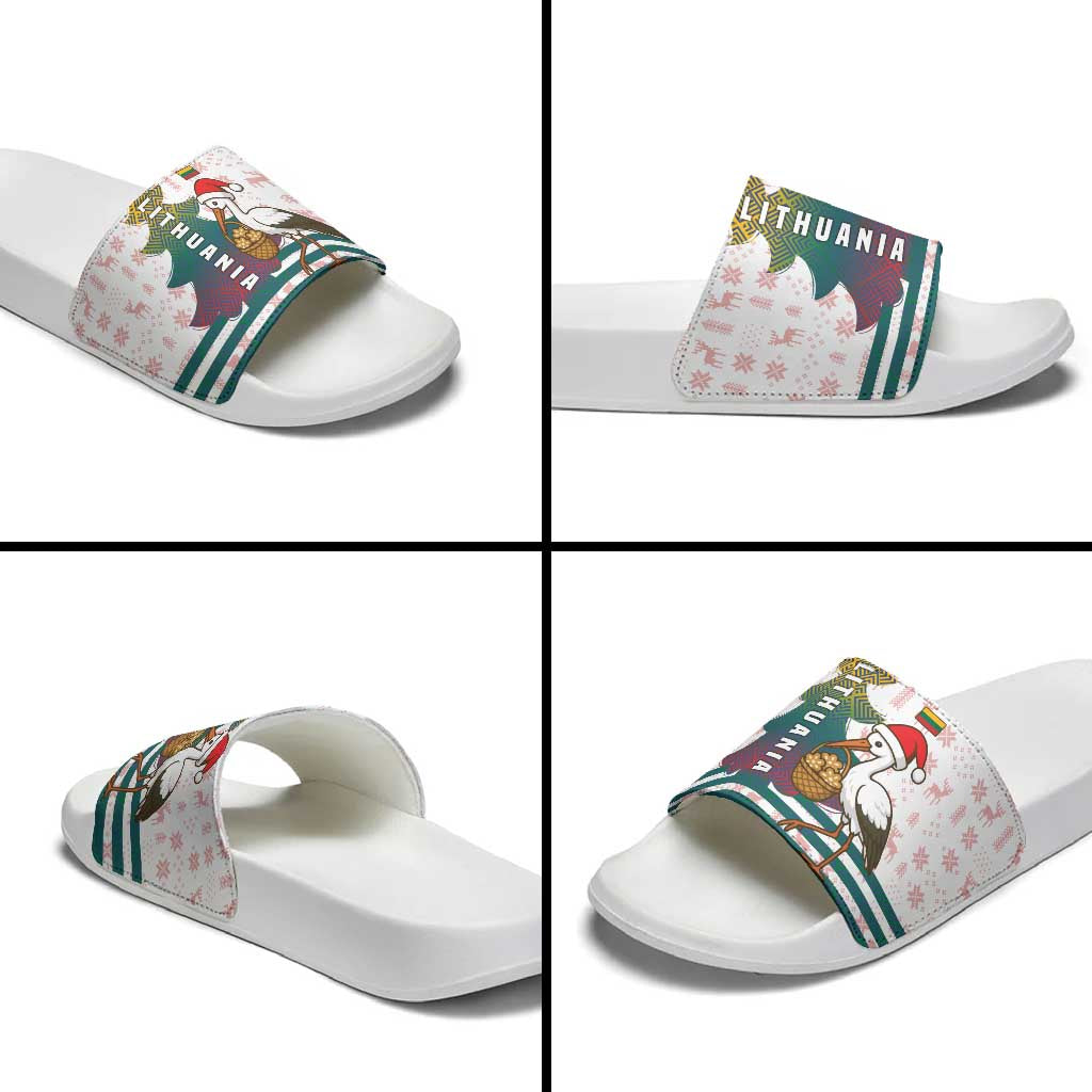 Lithuania Christmas Slide Sandals with Stork Basket Snowflakes and Traditional Pattern Design - Wonder Print Shop