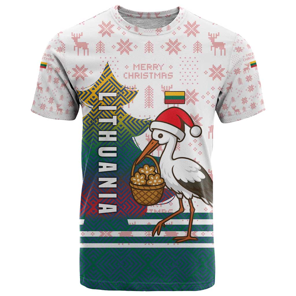 Lithuania Christmas T Shirt with Stork Basket Snowflakes and Traditional Pattern Design - Wonder Print Shop