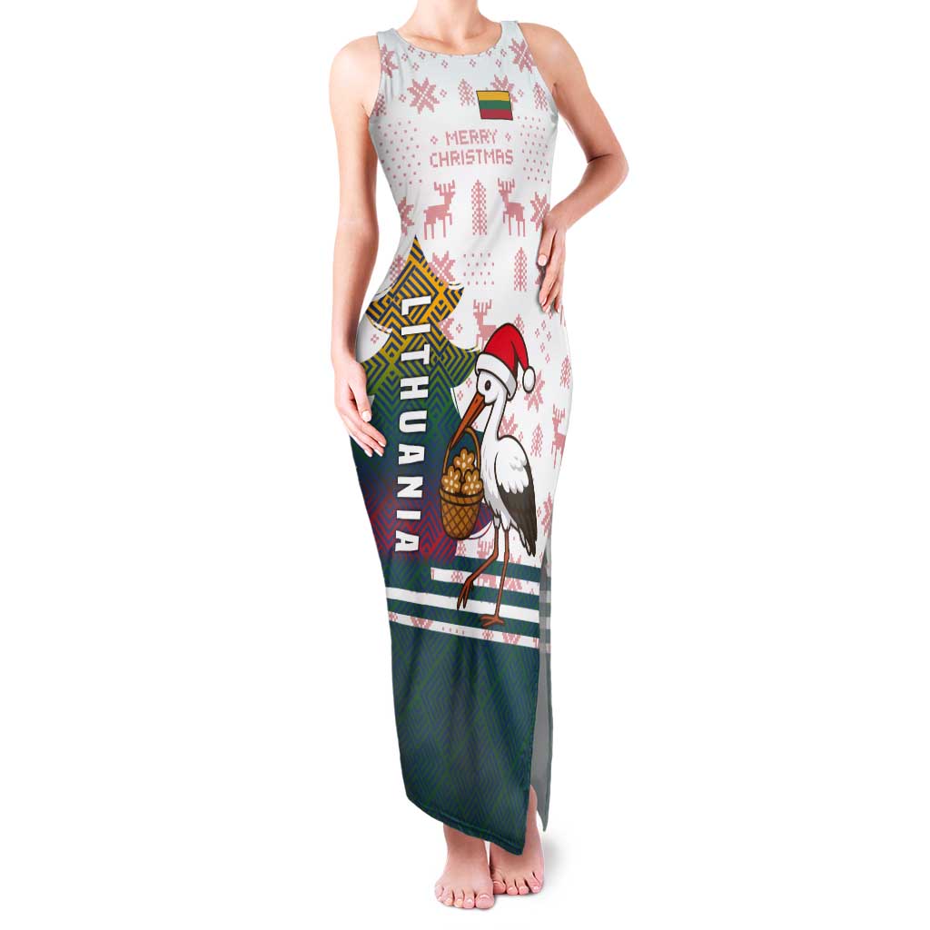 Lithuania Christmas Tank Maxi Dress with Stork Basket Snowflakes and Traditional Pattern Design - Wonder Print Shop