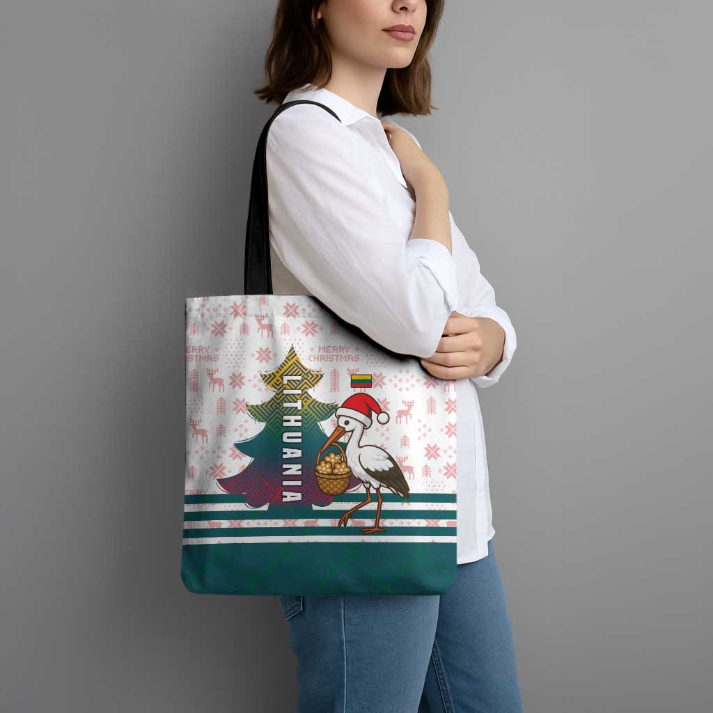 Lithuania Christmas Tote Bag with Stork Basket Snowflakes and Traditional Pattern Design - Wonder Print Shop