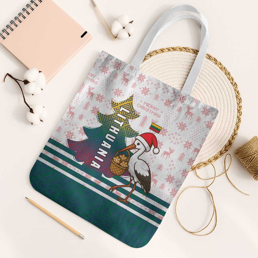 Lithuania Christmas Tote Bag with Stork Basket Snowflakes and Traditional Pattern Design - Wonder Print Shop