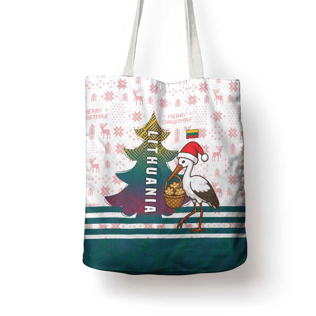 Lithuania Christmas Tote Bag with Stork Basket Snowflakes and Traditional Pattern Design - Wonder Print Shop
