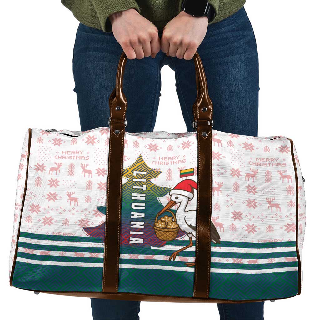 Lithuania Christmas Travel Bag with Stork Basket Snowflakes and Traditional Pattern Design - Wonder Print Shop