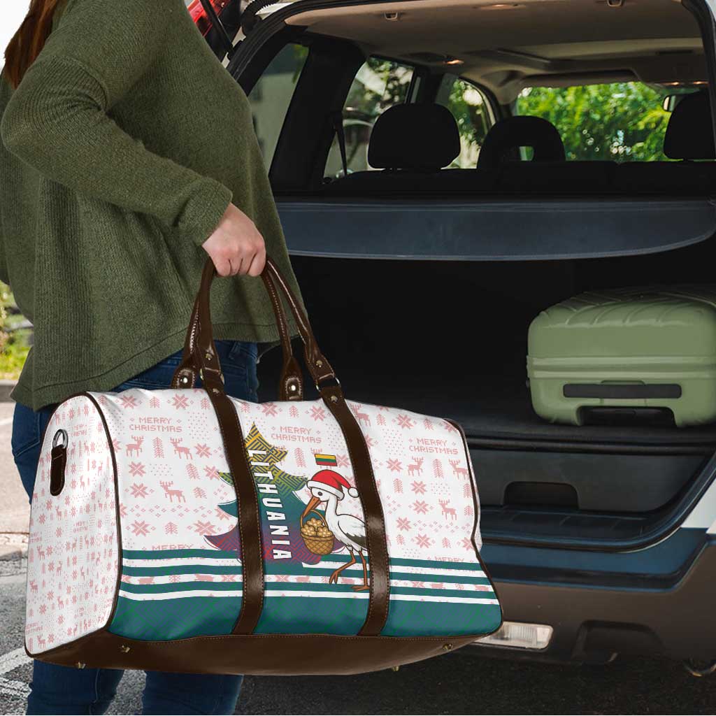 Lithuania Christmas Travel Bag with Stork Basket Snowflakes and Traditional Pattern Design - Wonder Print Shop