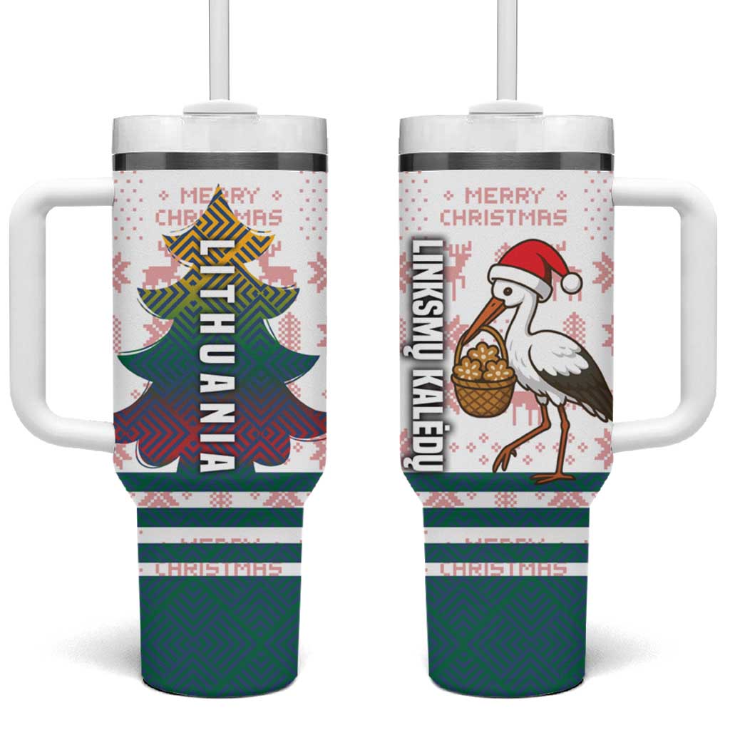 Lithuania Christmas Tumbler With Handle with Stork Basket Snowflakes and Traditional Pattern Design - Wonder Print Shop