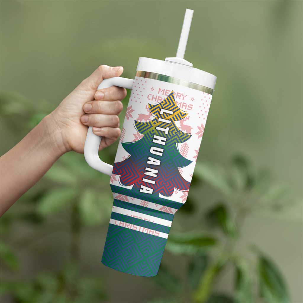 Lithuania Christmas Tumbler With Handle with Stork Basket Snowflakes and Traditional Pattern Design - Wonder Print Shop
