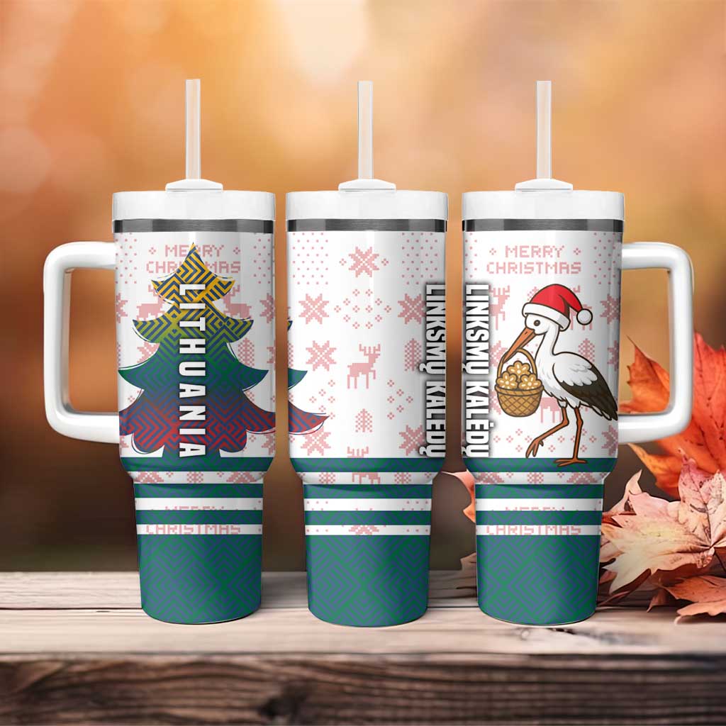 Lithuania Christmas Tumbler With Handle with Stork Basket Snowflakes and Traditional Pattern Design - Wonder Print Shop