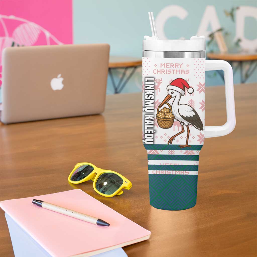Lithuania Christmas Tumbler With Handle with Stork Basket Snowflakes and Traditional Pattern Design - Wonder Print Shop