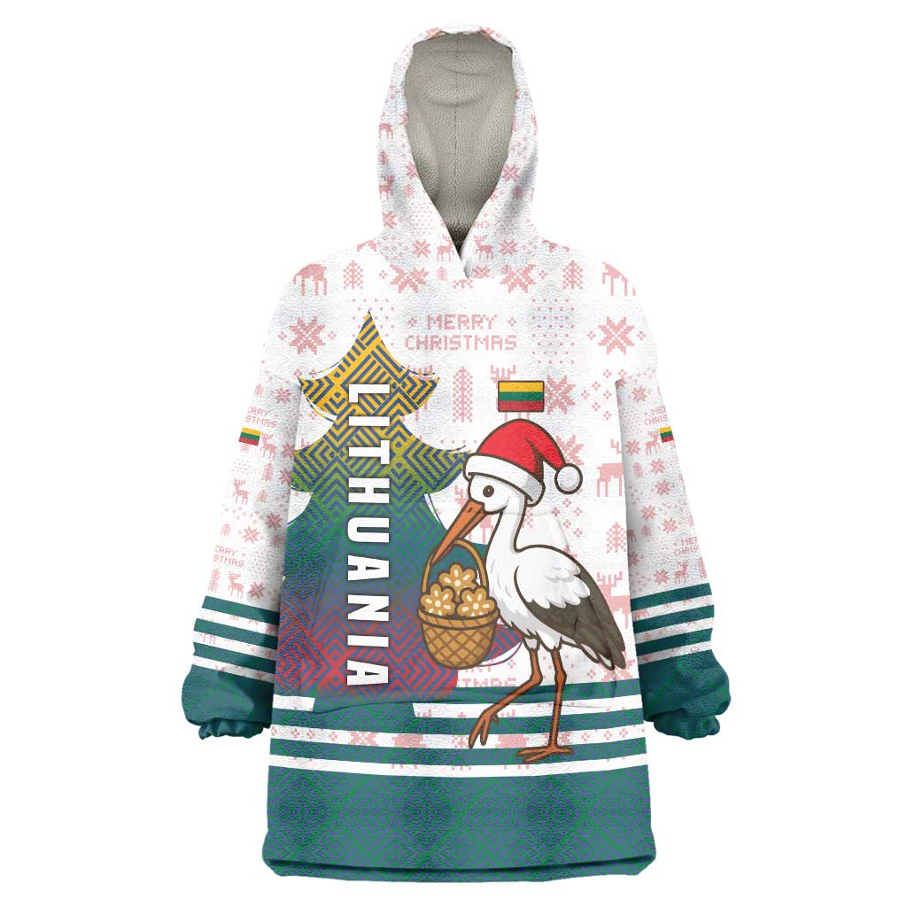 Lithuania Christmas Wearable Blanket Hoodie with Stork Basket Snowflakes and Traditional Pattern Design - Wonder Print Shop