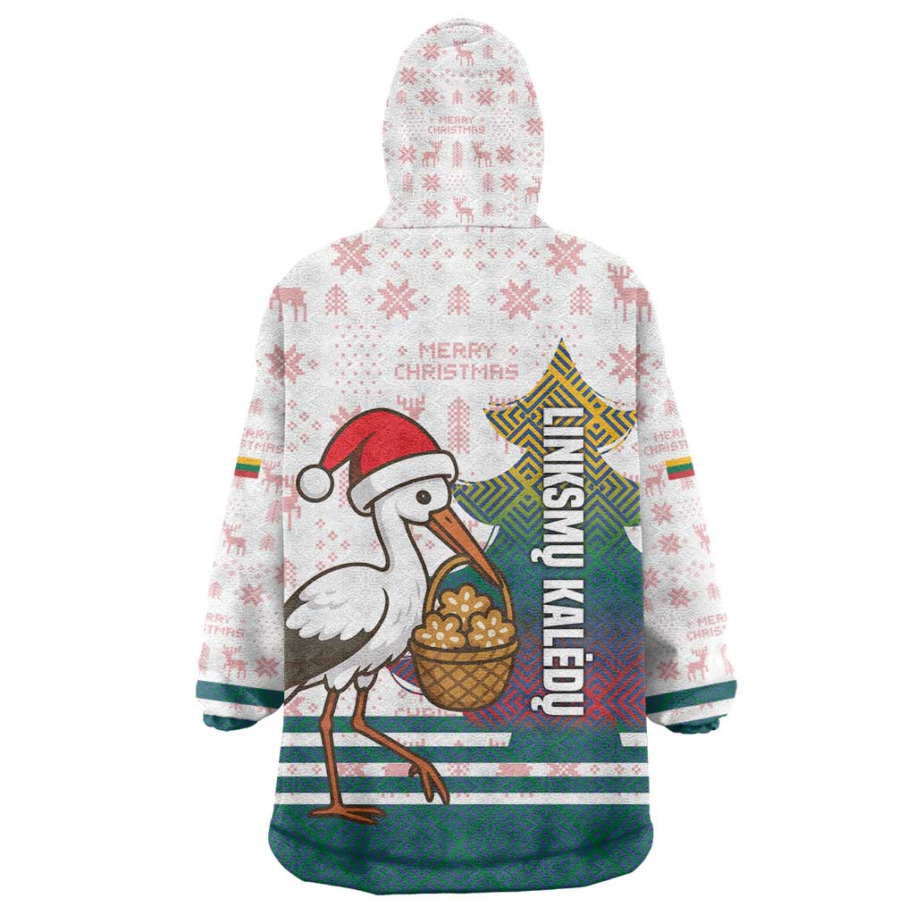 Lithuania Christmas Wearable Blanket Hoodie with Stork Basket Snowflakes and Traditional Pattern Design - Wonder Print Shop