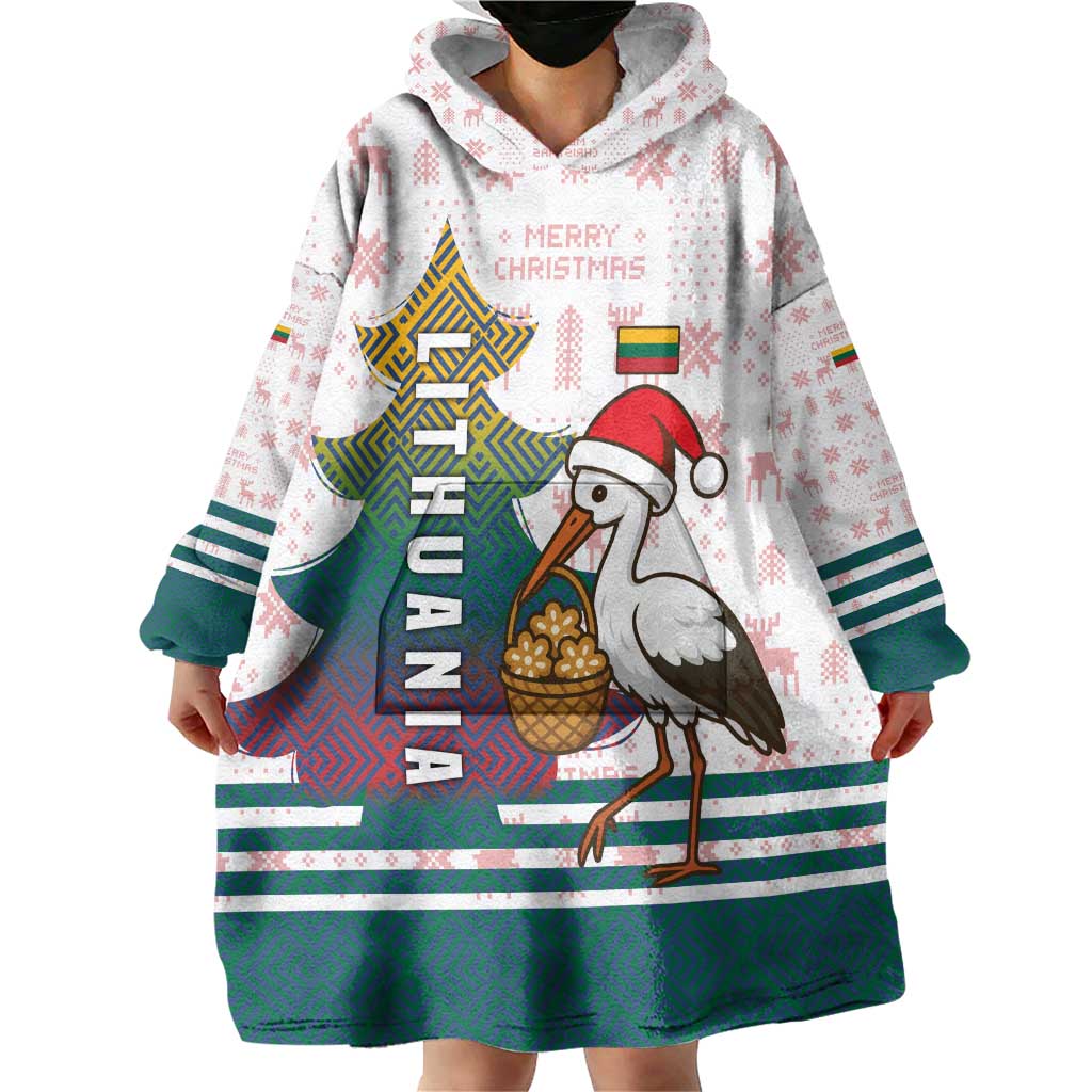 Lithuania Christmas Wearable Blanket Hoodie with Stork Basket Snowflakes and Traditional Pattern Design - Wonder Print Shop
