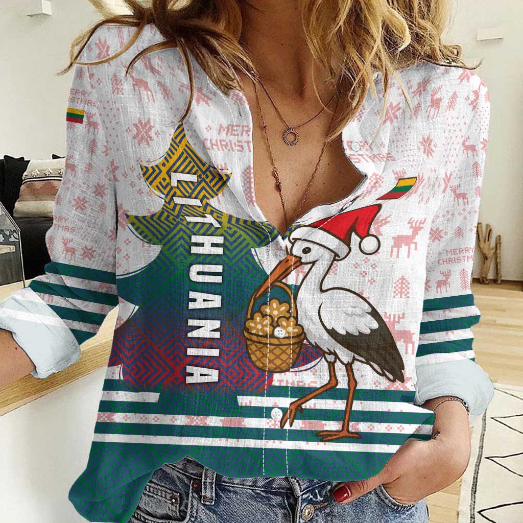 Lithuania Christmas Women Casual Shirt with Stork Basket Snowflakes and Traditional Pattern Design - Wonder Print Shop
