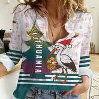 Lithuania Christmas Women Casual Shirt with Stork Basket Snowflakes and Traditional Pattern Design - Wonder Print Shop