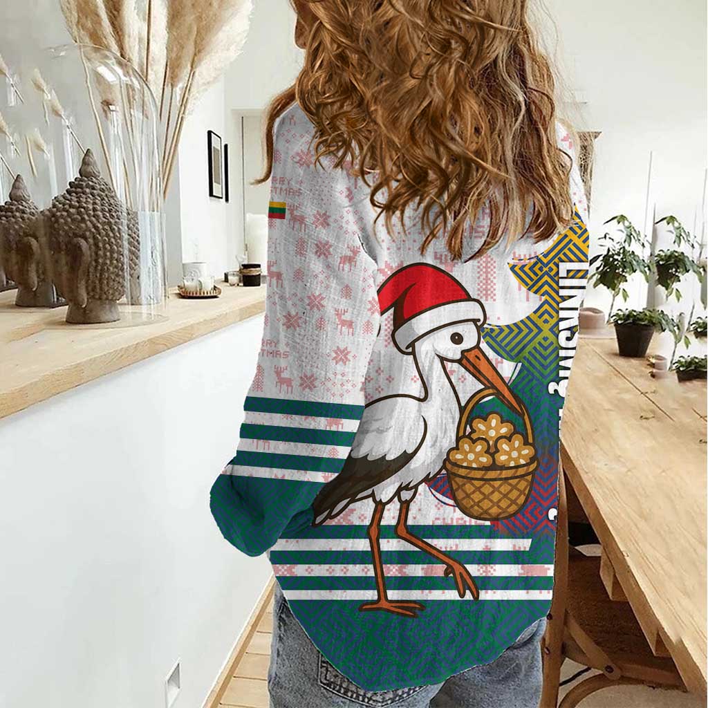 Lithuania Christmas Women Casual Shirt with Stork Basket Snowflakes and Traditional Pattern Design - Wonder Print Shop