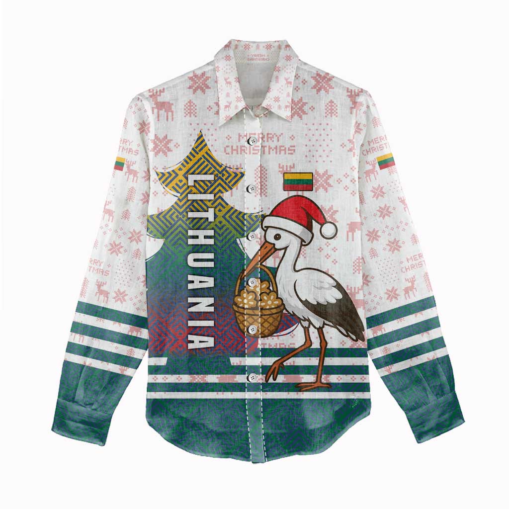 Lithuania Christmas Women Casual Shirt with Stork Basket Snowflakes and Traditional Pattern Design - Wonder Print Shop