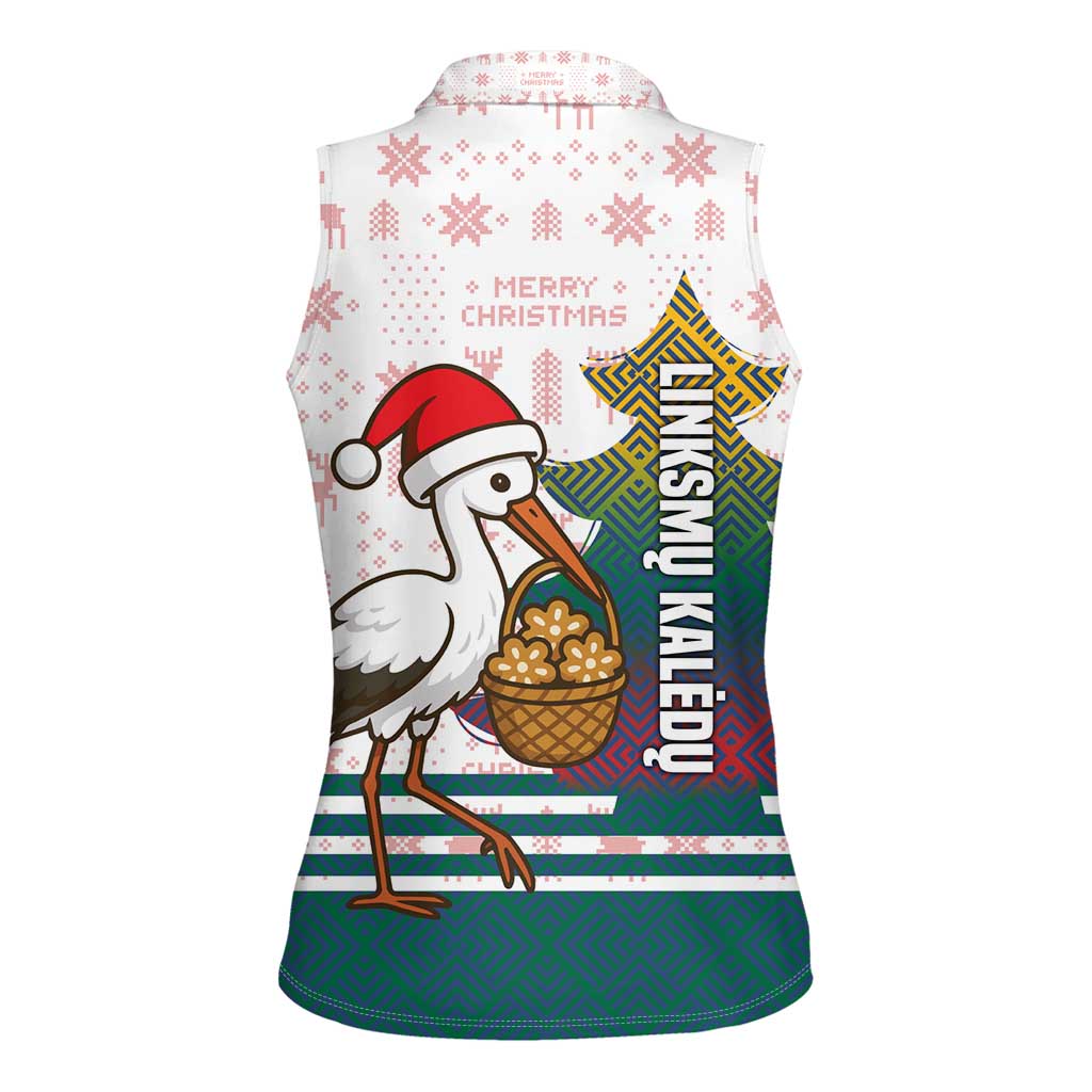 Lithuania Christmas Women Sleeveless Polo Shirt with Stork Basket Snowflakes and Traditional Pattern Design - Wonder Print Shop