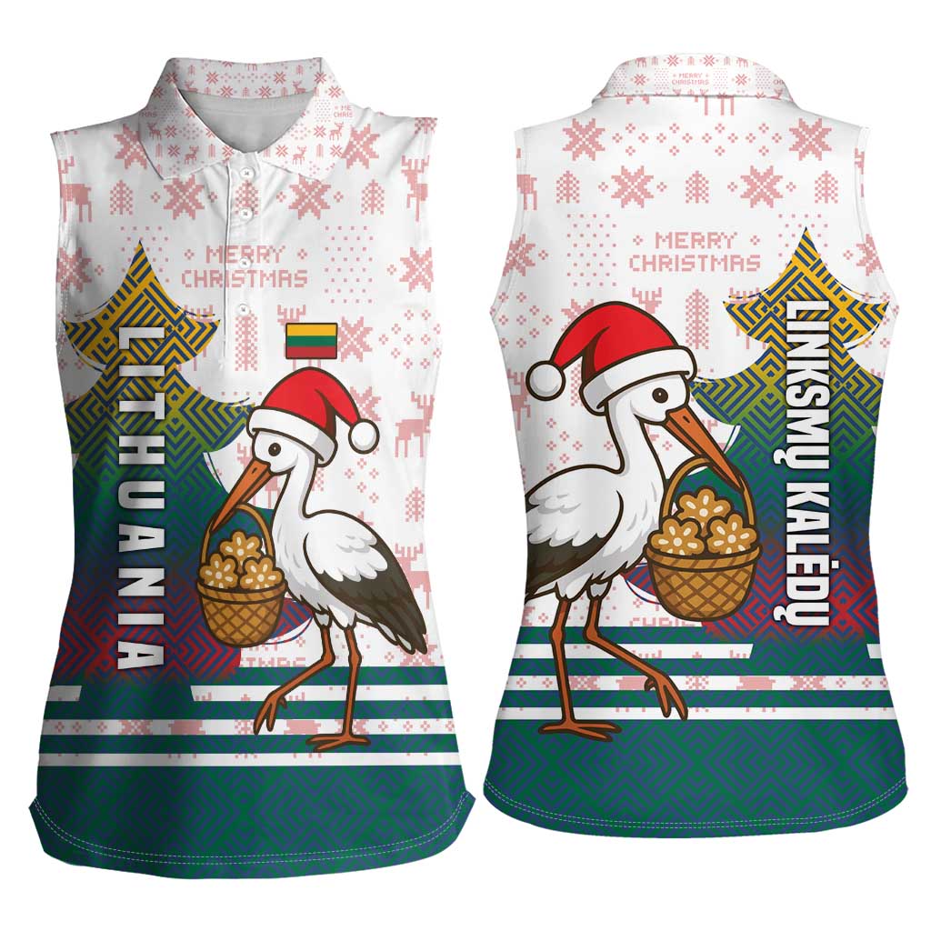 Lithuania Christmas Women Sleeveless Polo Shirt with Stork Basket Snowflakes and Traditional Pattern Design - Wonder Print Shop