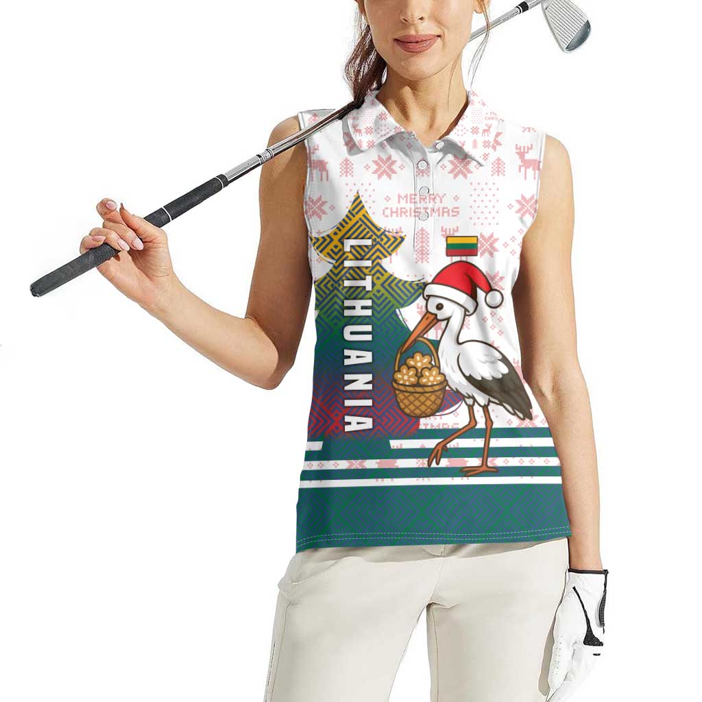 Lithuania Christmas Women Sleeveless Polo Shirt with Stork Basket Snowflakes and Traditional Pattern Design - Wonder Print Shop