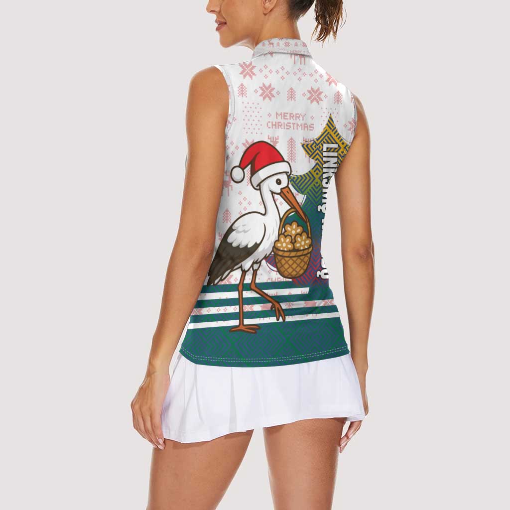 Lithuania Christmas Women Sleeveless Polo Shirt with Stork Basket Snowflakes and Traditional Pattern Design - Wonder Print Shop
