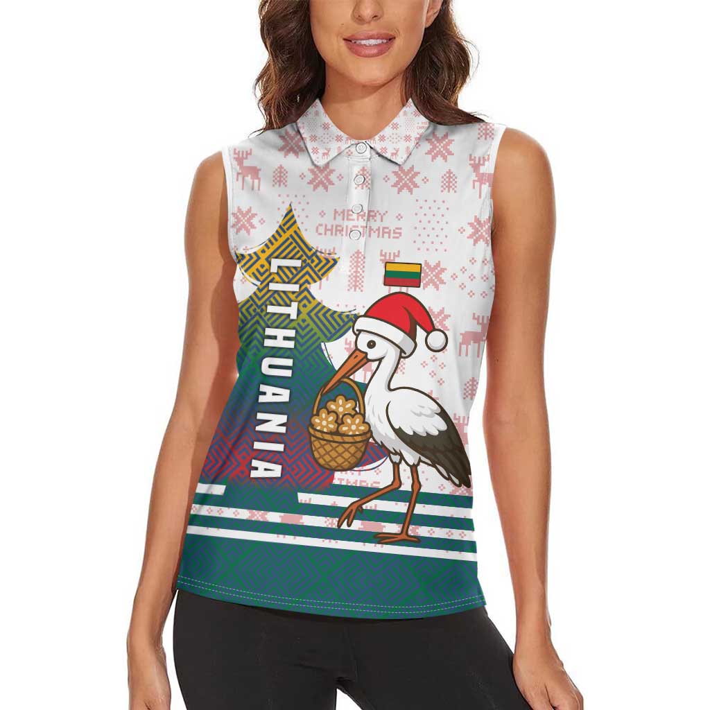 Lithuania Christmas Women Sleeveless Polo Shirt with Stork Basket Snowflakes and Traditional Pattern Design - Wonder Print Shop
