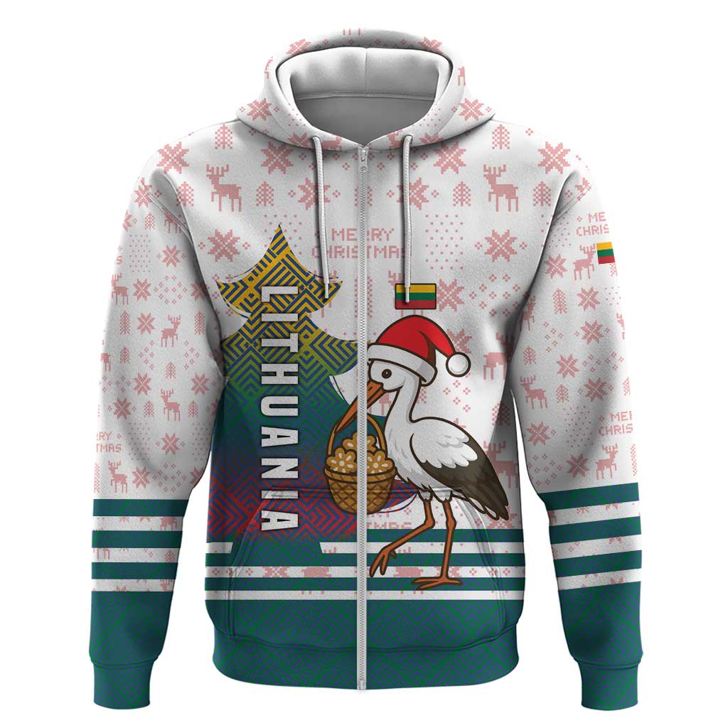 Lithuania Christmas Zip Hoodie with Stork Basket Snowflakes and Traditional Pattern Design - Wonder Print Shop
