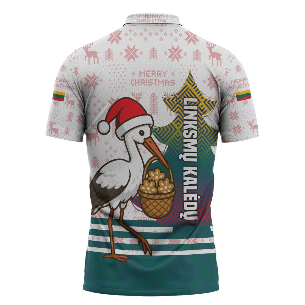 Lithuania Christmas Zipper Polo Shirt with Stork Basket Snowflakes and Traditional Pattern Design - Wonder Print Shop