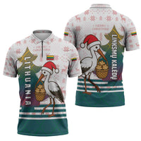 Lithuania Christmas Zipper Polo Shirt with Stork Basket Snowflakes and Traditional Pattern Design - Wonder Print Shop