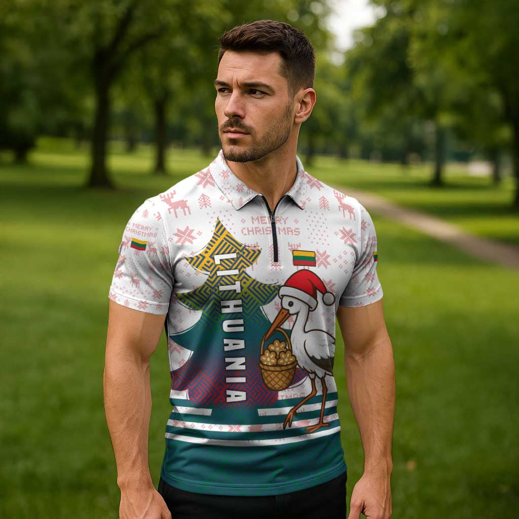 Lithuania Christmas Zipper Polo Shirt with Stork Basket Snowflakes and Traditional Pattern Design - Wonder Print Shop