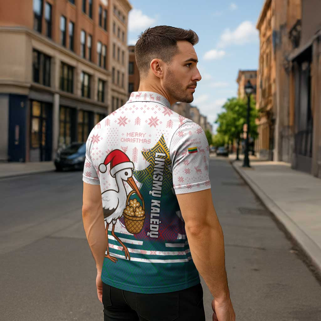 Lithuania Christmas Zipper Polo Shirt with Stork Basket Snowflakes and Traditional Pattern Design - Wonder Print Shop