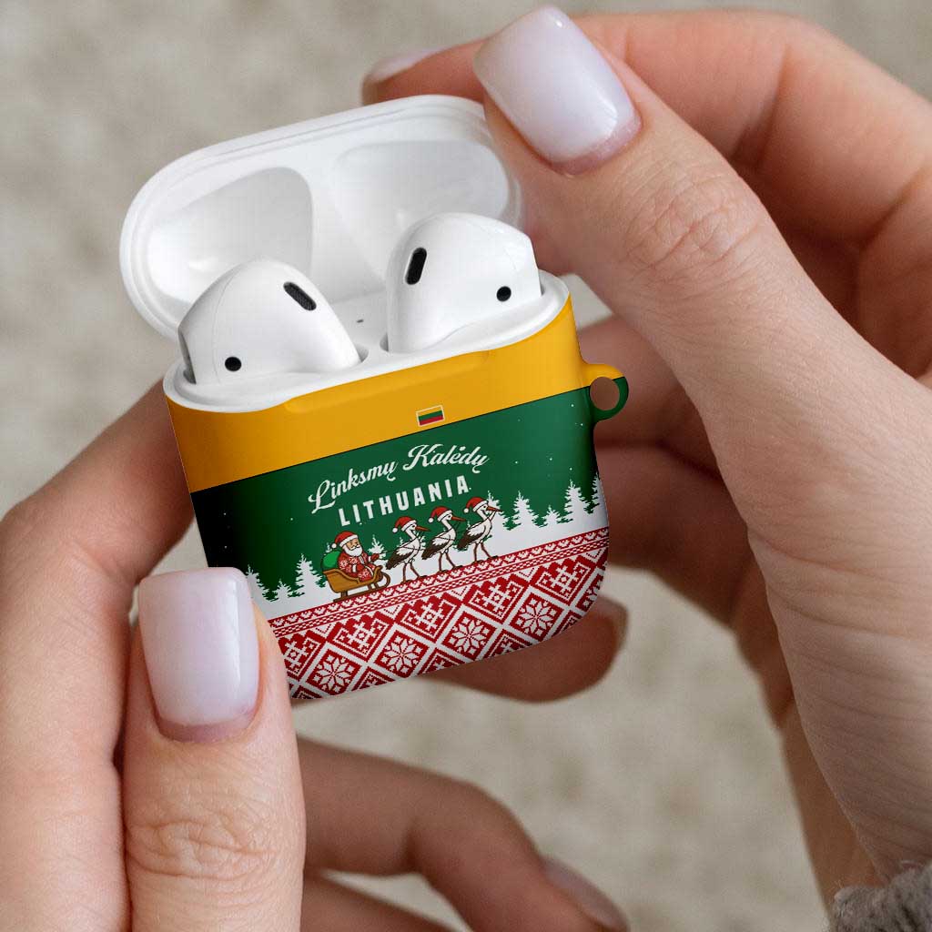 Lithuania Christmas AirPods Case with Santa Sleigh Pulled by Storks and Folk Pattern Design - Wonder Print Shop