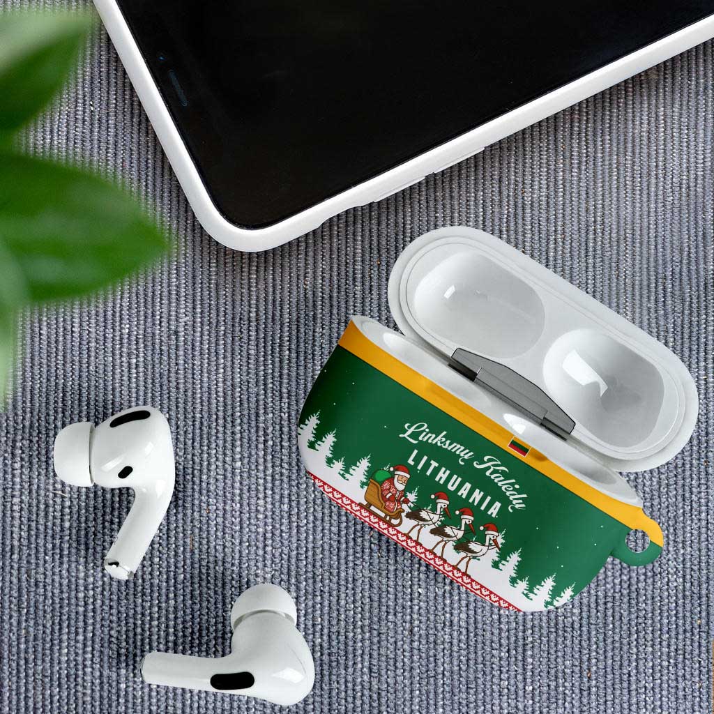 Lithuania Christmas AirPods Case with Santa Sleigh Pulled by Storks and Folk Pattern Design - Wonder Print Shop