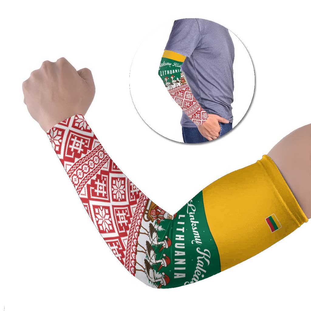Lithuania Christmas Arm Sleeves with Santa Sleigh Pulled by Storks and Folk Pattern Design - Wonder Print Shop