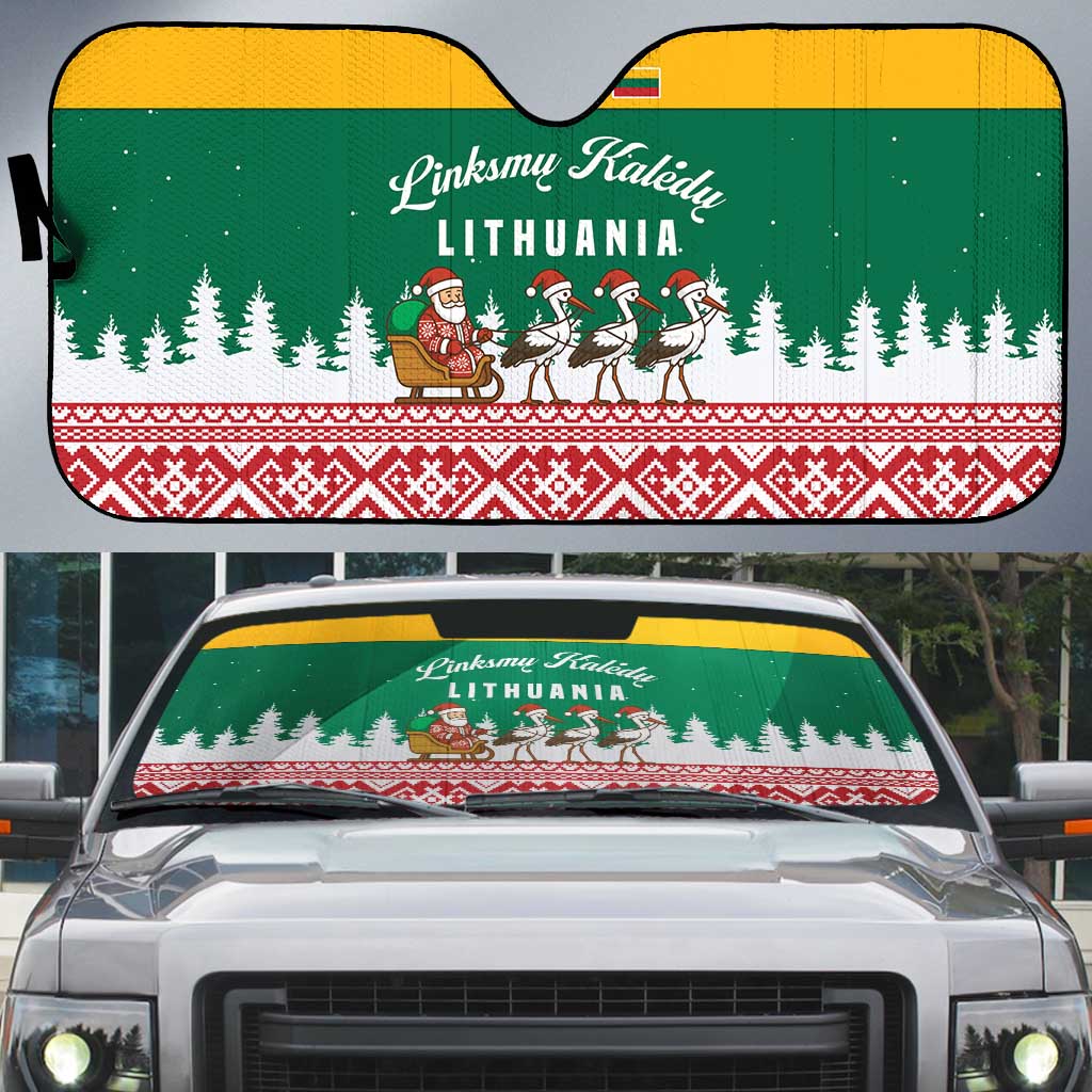 Lithuania Christmas Auto Sun Shade with Santa Sleigh Pulled by Storks and Folk Pattern Design - Wonder Print Shop