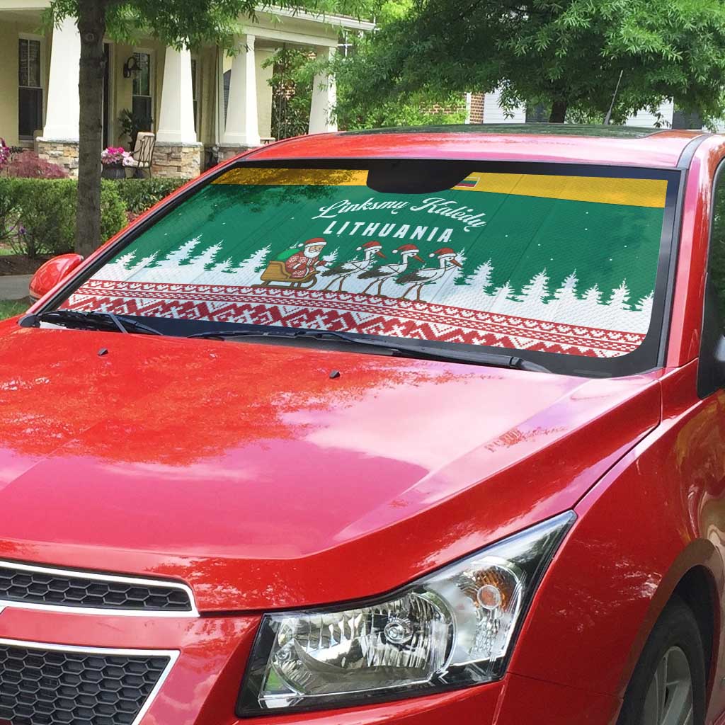 Lithuania Christmas Auto Sun Shade with Santa Sleigh Pulled by Storks and Folk Pattern Design - Wonder Print Shop