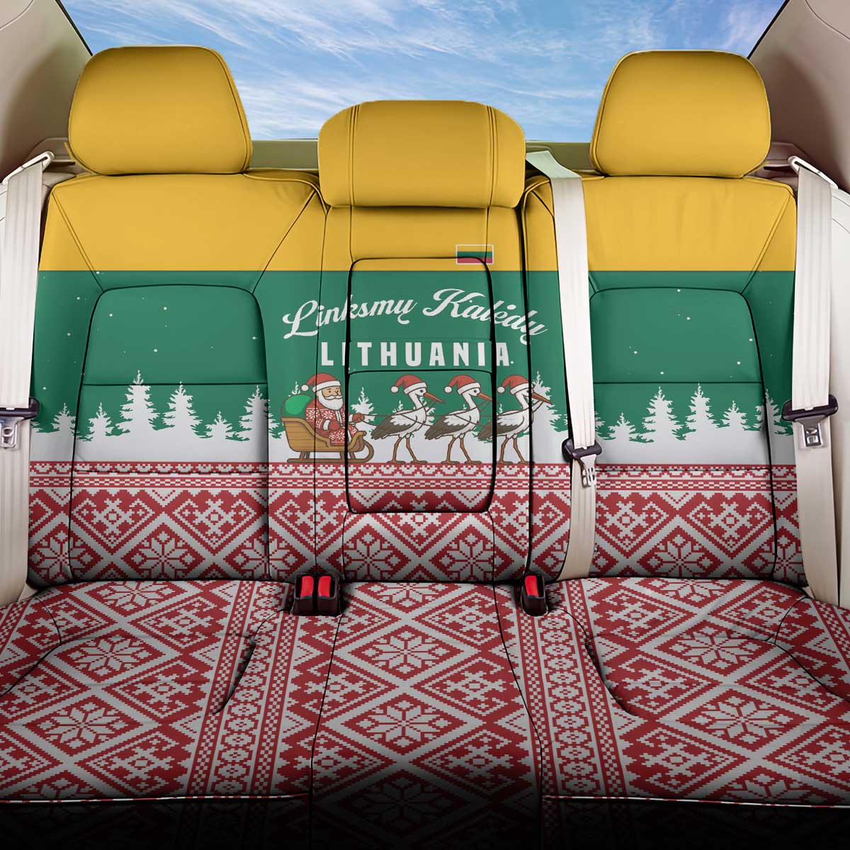 Lithuania Christmas Back Car Seat Cover with Santa Sleigh Pulled by Storks and Folk Pattern Design - Wonder Print Shop