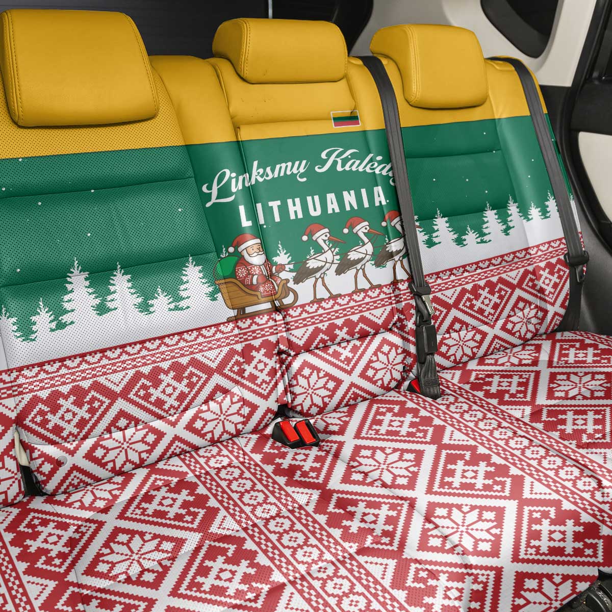 Lithuania Christmas Back Car Seat Cover with Santa Sleigh Pulled by Storks and Folk Pattern Design - Wonder Print Shop