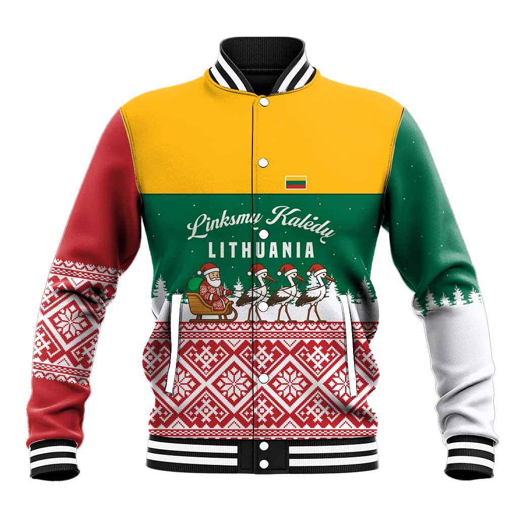 Lithuania Christmas Baseball Jacket with Santa Sleigh Pulled by Storks and Folk Pattern Design - Wonder Print Shop