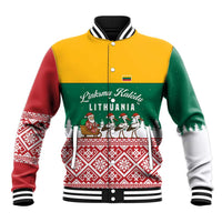Lithuania Christmas Baseball Jacket with Santa Sleigh Pulled by Storks and Folk Pattern Design - Wonder Print Shop