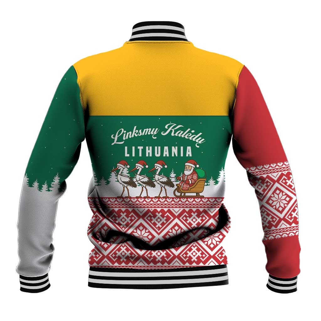 Lithuania Christmas Baseball Jacket with Santa Sleigh Pulled by Storks and Folk Pattern Design - Wonder Print Shop