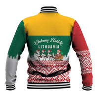Lithuania Christmas Baseball Jacket with Santa Sleigh Pulled by Storks and Folk Pattern Design - Wonder Print Shop