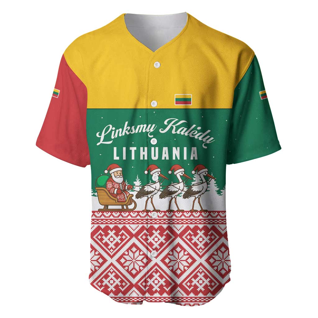 Lithuania Christmas Baseball Jersey with Santa Sleigh Pulled by Storks and Folk Pattern Design - Wonder Print Shop