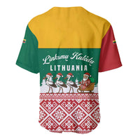 Lithuania Christmas Baseball Jersey with Santa Sleigh Pulled by Storks and Folk Pattern Design - Wonder Print Shop