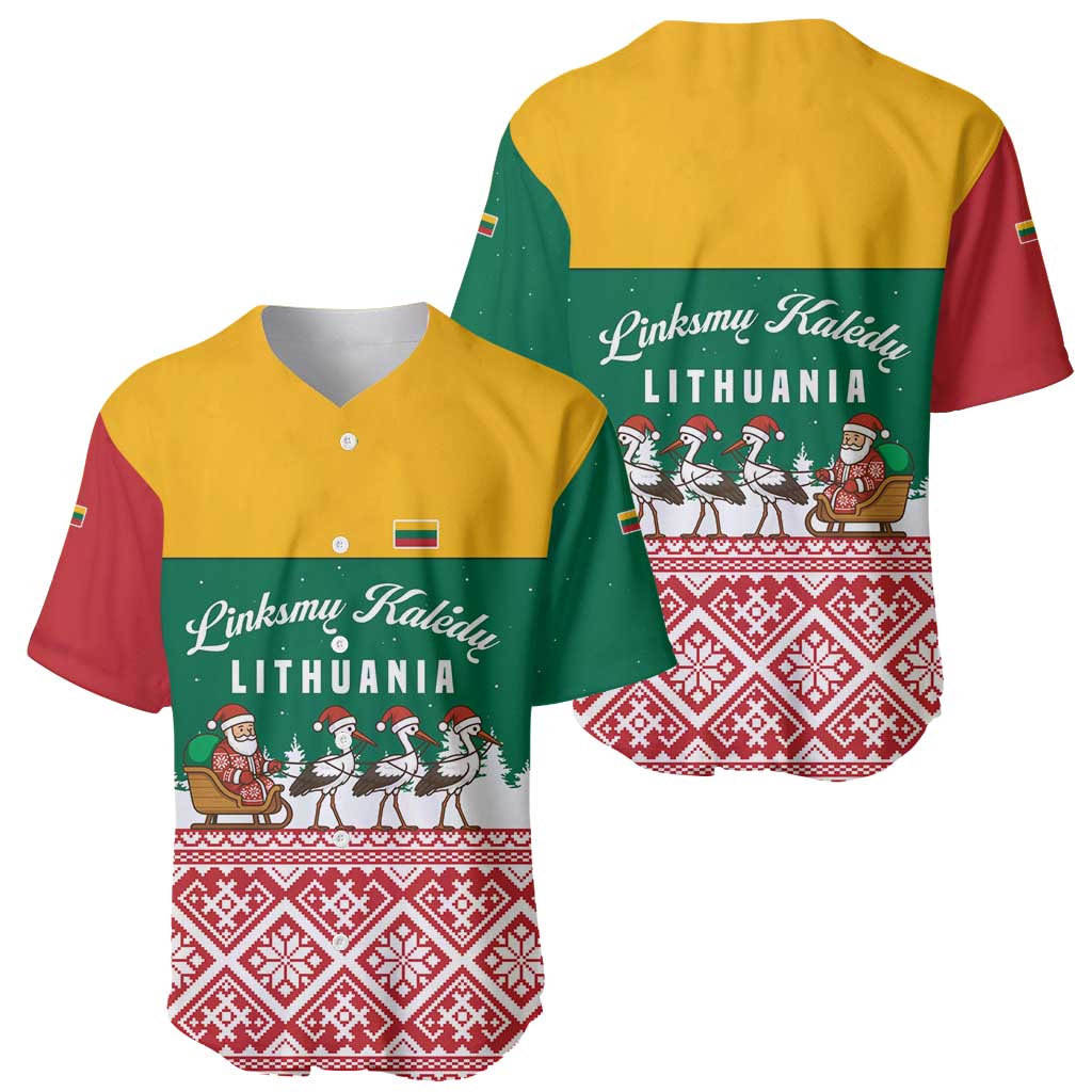 Lithuania Christmas Baseball Jersey with Santa Sleigh Pulled by Storks and Folk Pattern Design - Wonder Print Shop