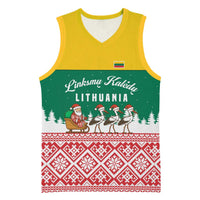 Lithuania Christmas Basketball Jersey with Santa Sleigh Pulled by Storks and Folk Pattern Design - Wonder Print Shop