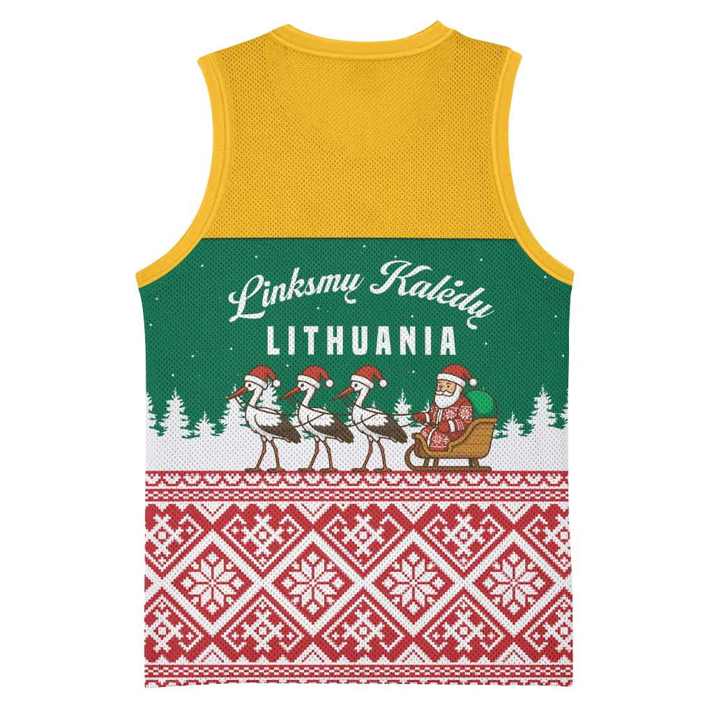 Lithuania Christmas Basketball Jersey with Santa Sleigh Pulled by Storks and Folk Pattern Design - Wonder Print Shop