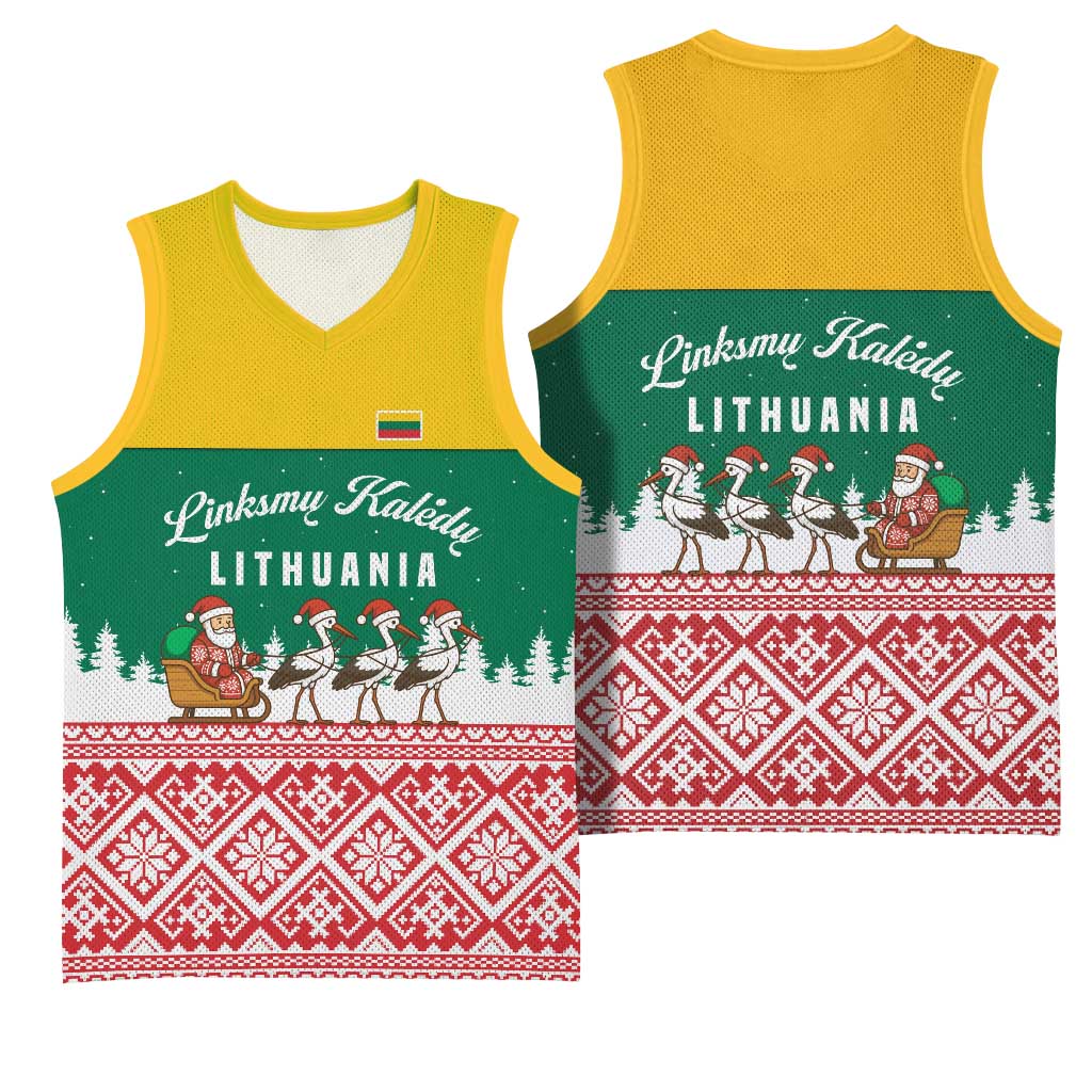 Lithuania Christmas Basketball Jersey with Santa Sleigh Pulled by Storks and Folk Pattern Design - Wonder Print Shop