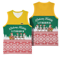 Lithuania Christmas Basketball Jersey with Santa Sleigh Pulled by Storks and Folk Pattern Design - Wonder Print Shop