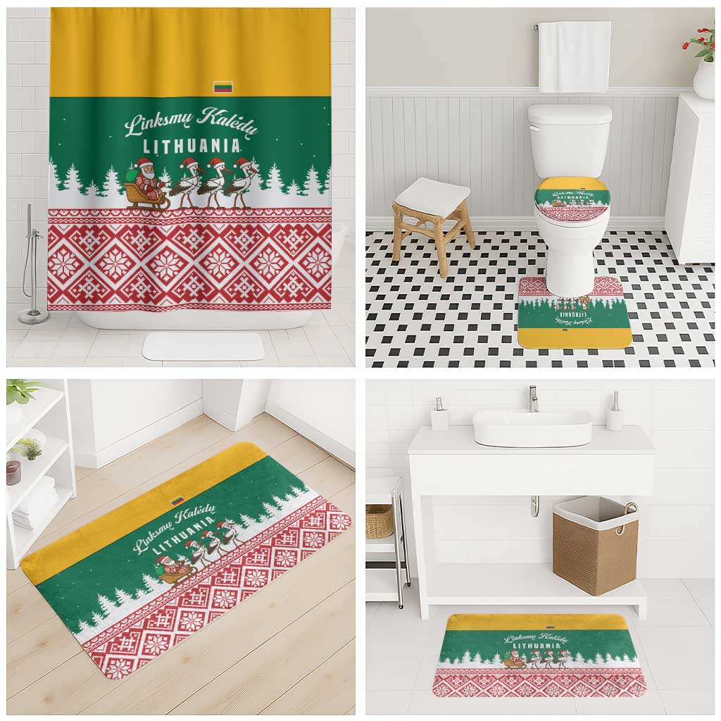 Lithuania Christmas Bathroom Set with Santa Sleigh Pulled by Storks and Folk Pattern Design - Wonder Print Shop