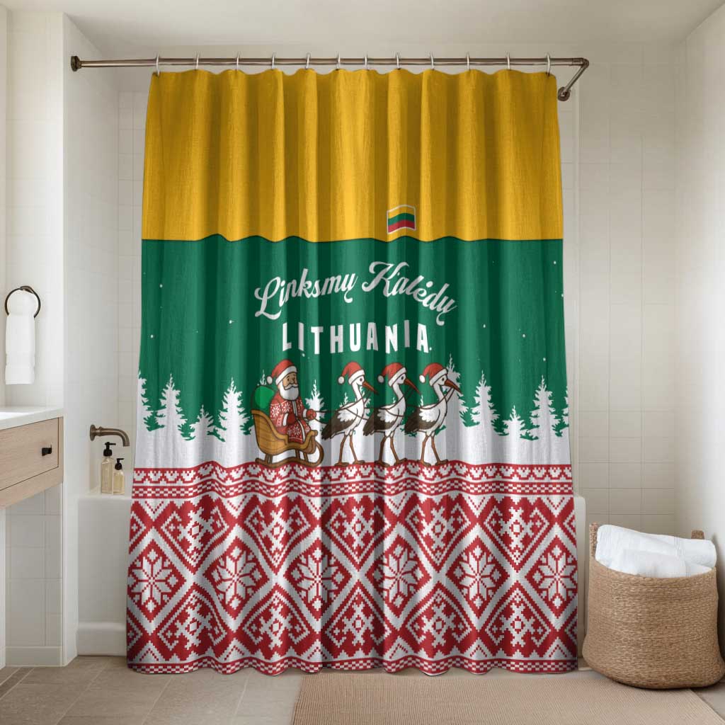 Lithuania Christmas Bathroom Set with Santa Sleigh Pulled by Storks and Folk Pattern Design - Wonder Print Shop