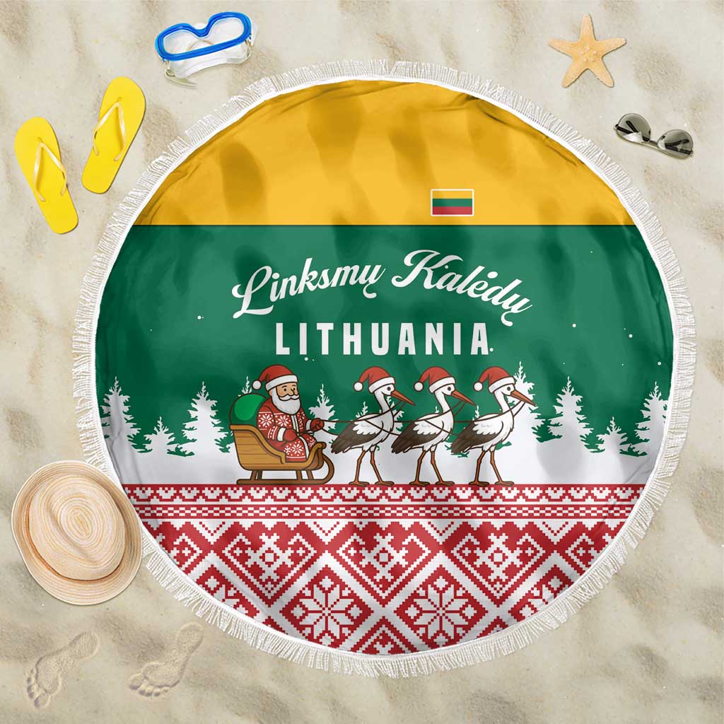 Lithuania Christmas Beach Blanket with Santa Sleigh Pulled by Storks and Folk Pattern Design - Wonder Print Shop